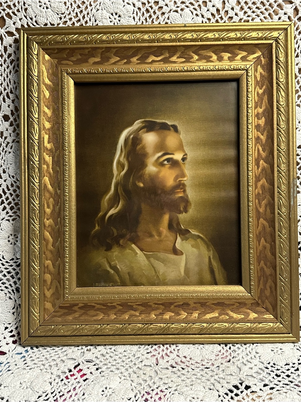 Vintage Warner Salma “Head of Christ” framed Lithograph Print, Catholic Art